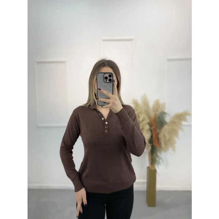 Lori Gold Düğmeli Simli Polo Yaka Triko Kazak