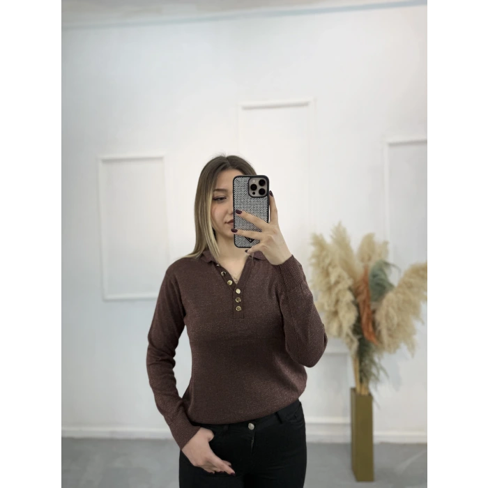 Lori Gold Düğmeli Simli Polo Yaka Triko Kazak