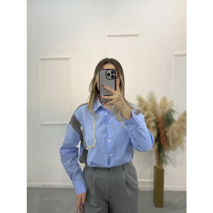 Triko Poplin Taş Detaylı Gömlek