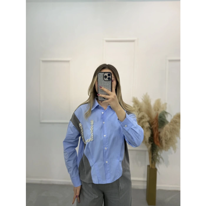 Triko Poplin Taş Detaylı Gömlek