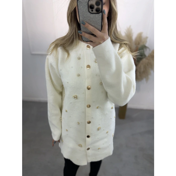 Zek Angora İnci Ve Taş Döşemeli Hırka