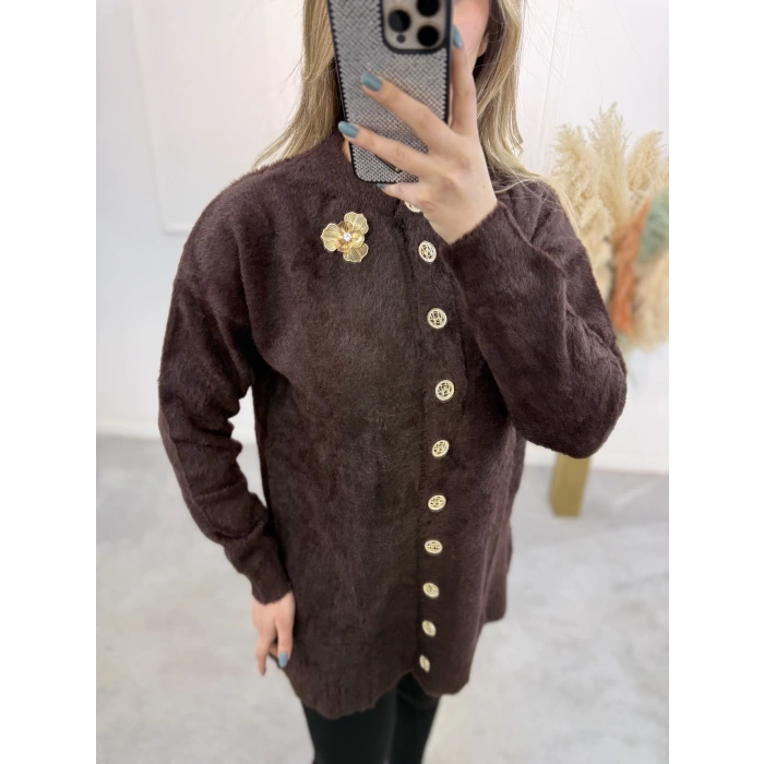 Caxi Angora Broşlu Uzun Ceket