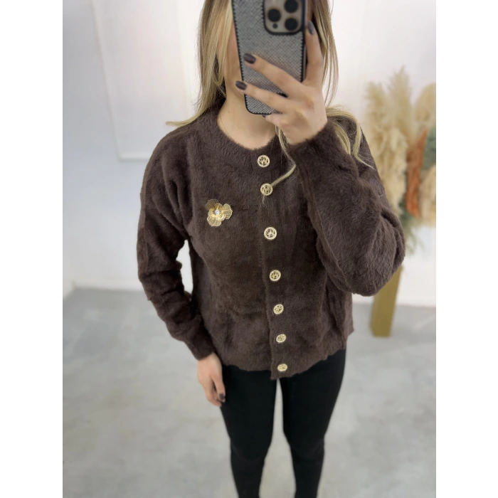 Angora Broşlu Düğmeli Hırka