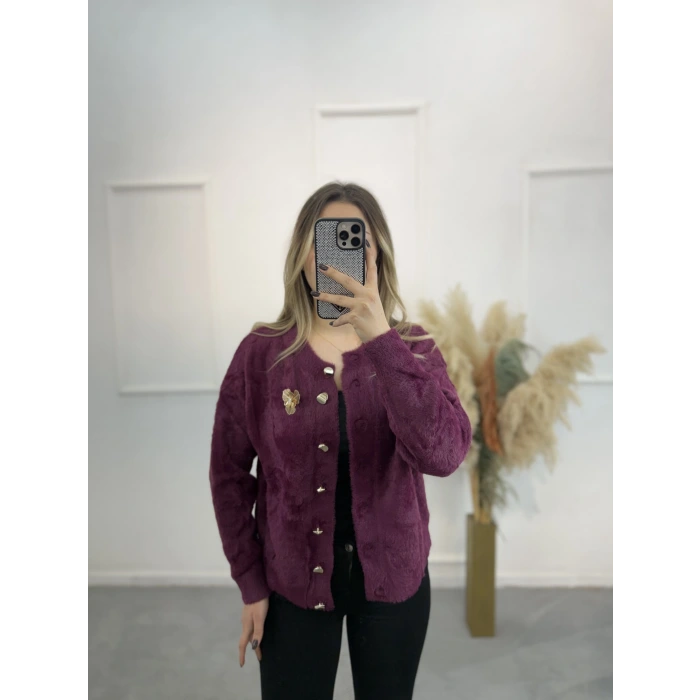 Angora Broşlu Düğmeli Hırka