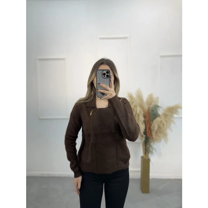 Angora Fermuar Detaylı Gömlek Yaka Hırka