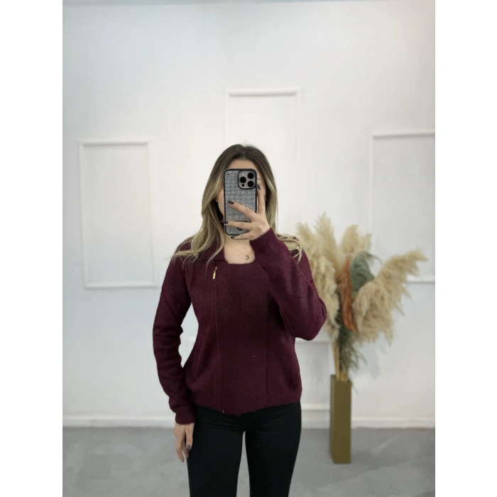 Angora Fermuar Detaylı Gömlek Yaka Hırka