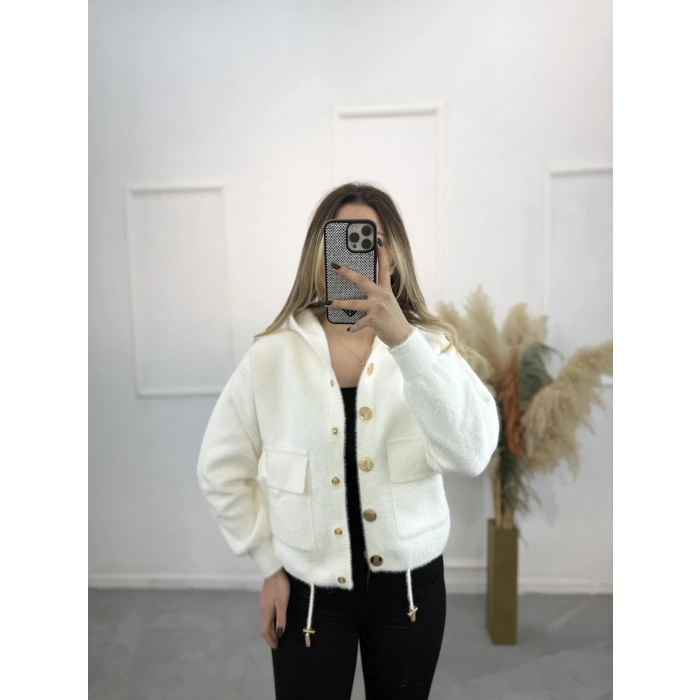 Angora Kapişonlu Düğmeli Hırka