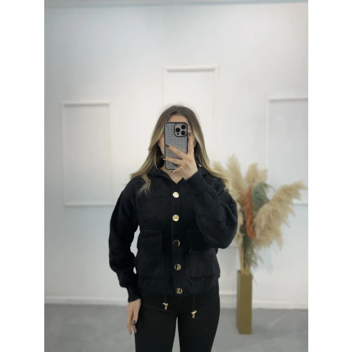 Angora Kapişonlu Düğmeli Hırka