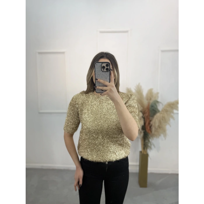 Simli Angora Kısa Kol Kazak