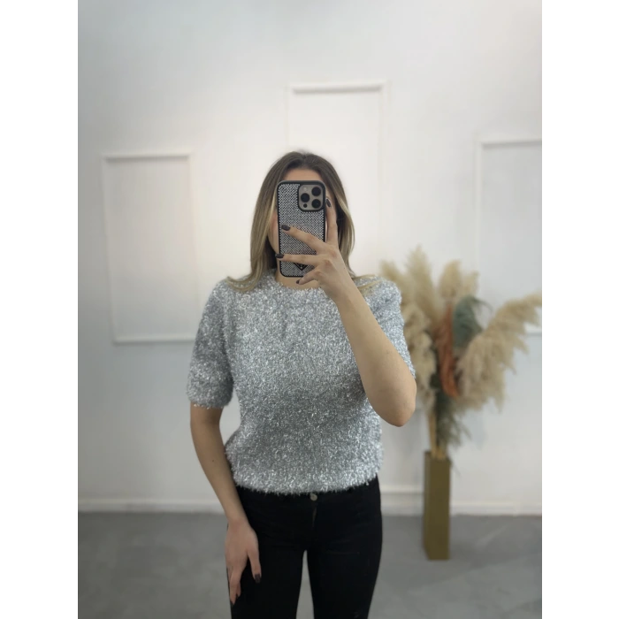 Simli Angora Kısa Kol Kazak