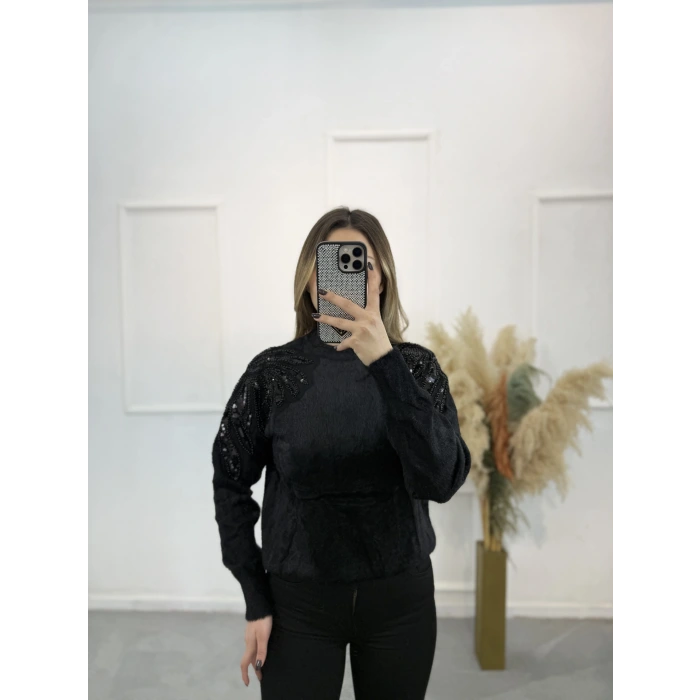 Angora Boncuklu Bisiklet Yaka Kazak