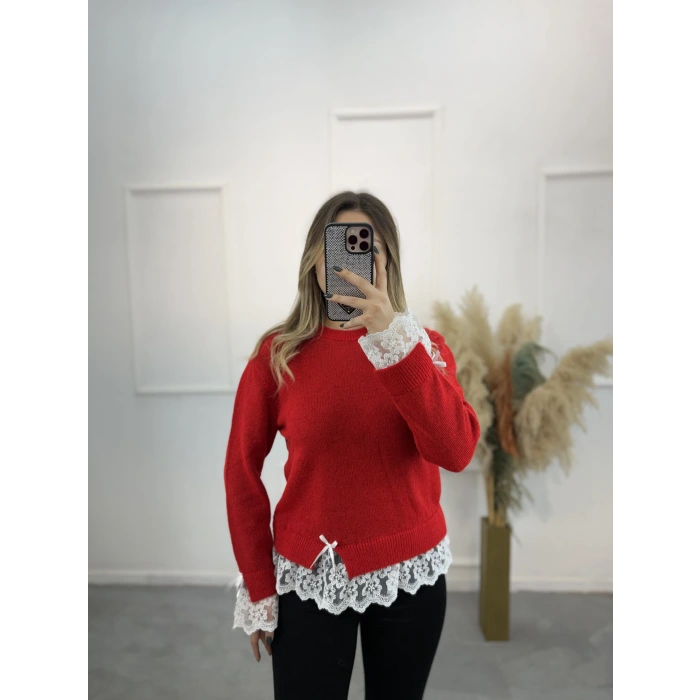 Lilt Kol Ve Etek Ucu Dantelli Kazak