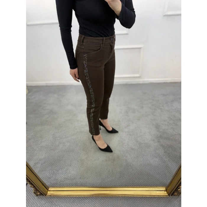 Profit Likralı Yan Leopar Taşlı Mom Jean