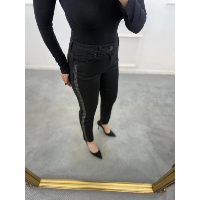 Profit Likralı Yan Leopar Taşlı Mom Jean