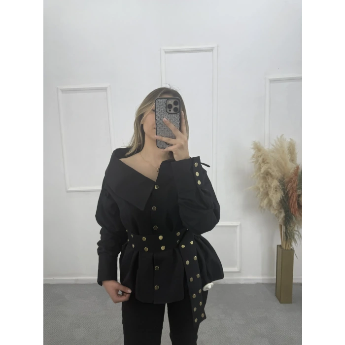 Gold Düğme Ve Kemer Detaylı Gömlek