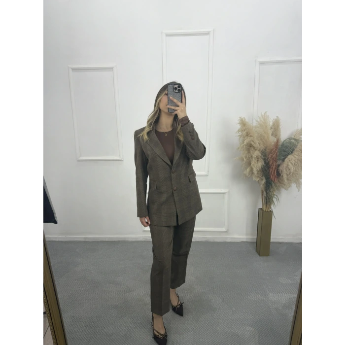 Zra Deri Garnili Çizgili Blazer İkili Takım