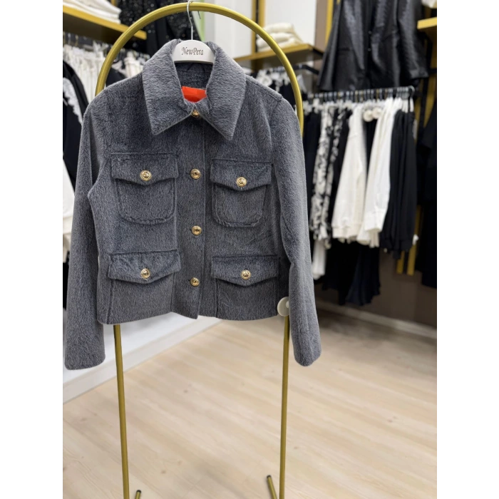 Amber Düğme Ve Cepli Kısak Kürk