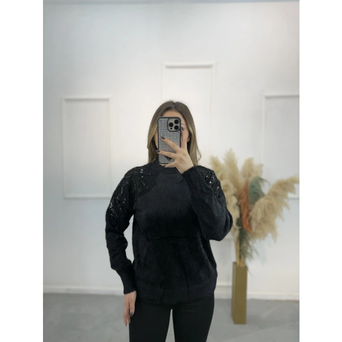 Angora Boncuklu Bisiklet Yaka Kazak