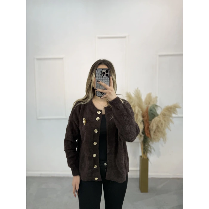 Angora Broşlu Düğmeli Hırka