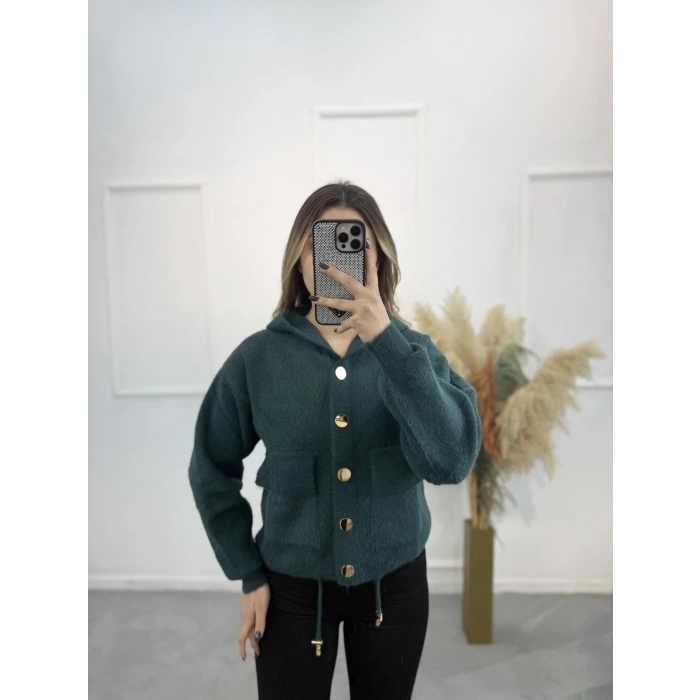 Angora Kapişonlu Düğmeli Hırka