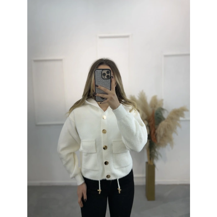 Angora Kapişonlu Düğmeli Hırka