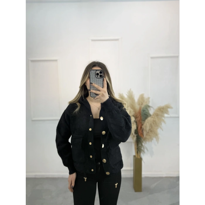 Angora Kapişonlu Düğmeli Hırka