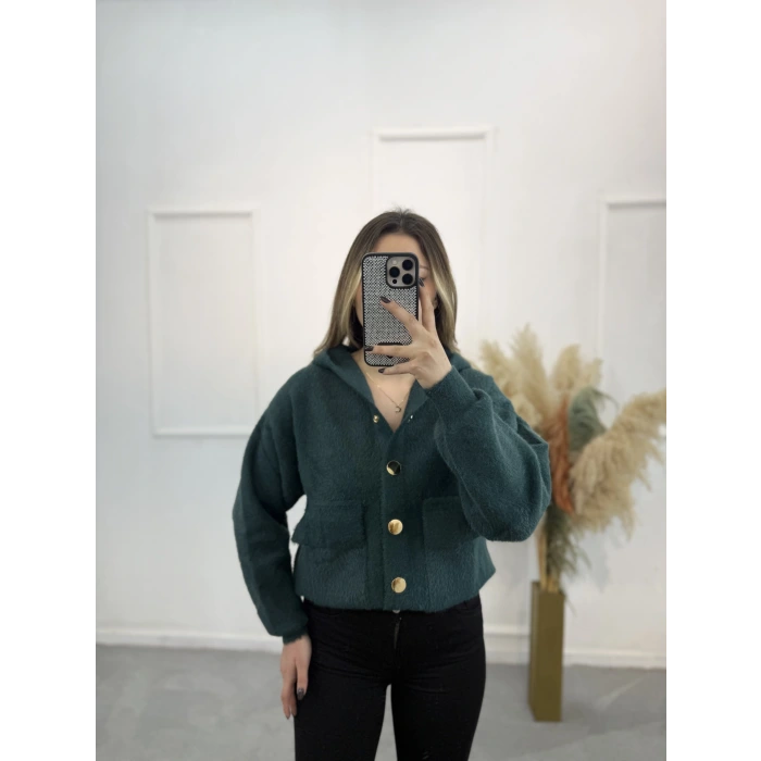 Angora Kapişonlu Düğmeli Hırka