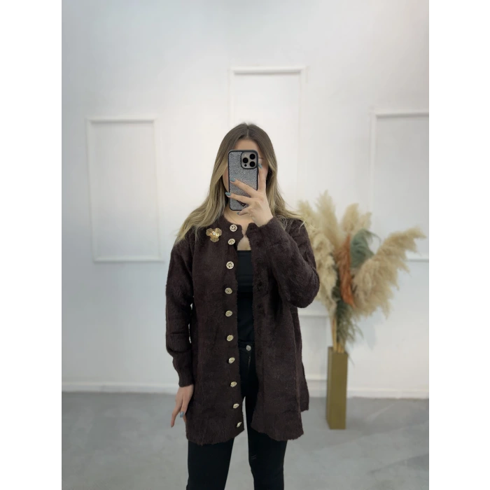 Caxi Angora Broşlu Uzun Ceket