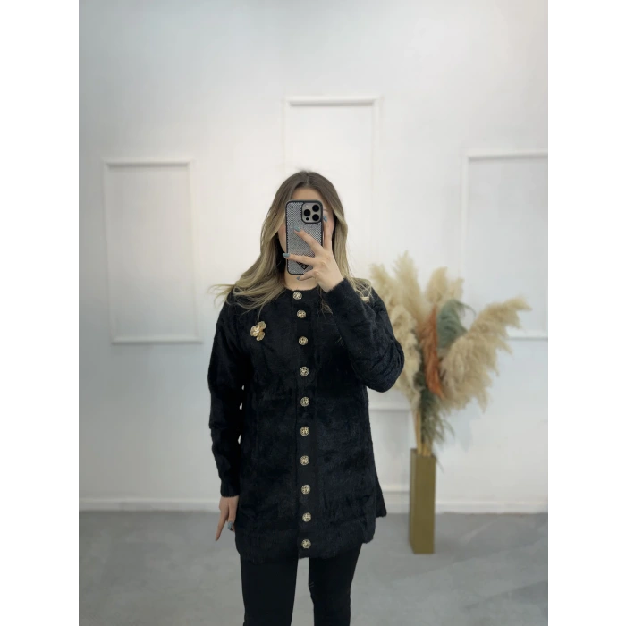 Caxi Angora Broşlu Uzun Ceket