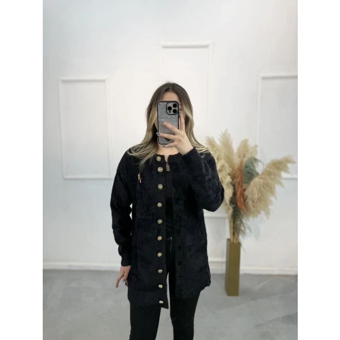 Caxi Angora Broşlu Uzun Ceket