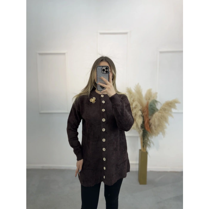 Caxi Angora Broşlu Uzun Ceket