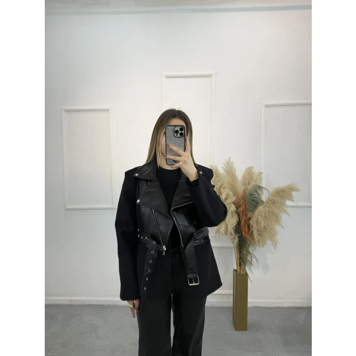 Deri Garnili Blazer Ceket