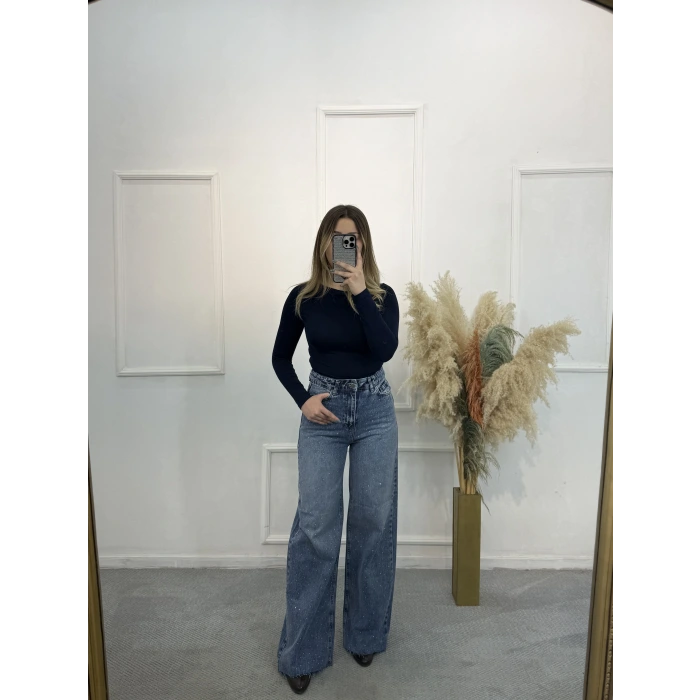 Gewa Kesik Paça Full Taşlı Palazzo Jean