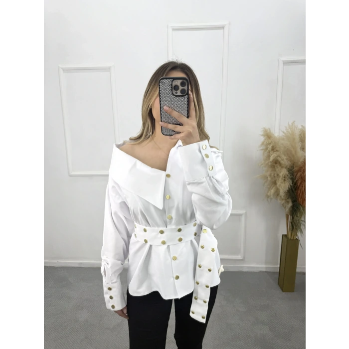 Gold Düğme Ve Kemer Detaylı Gömlek