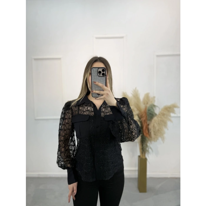 Lake Ön Cep Detaylı Simli Gömlek