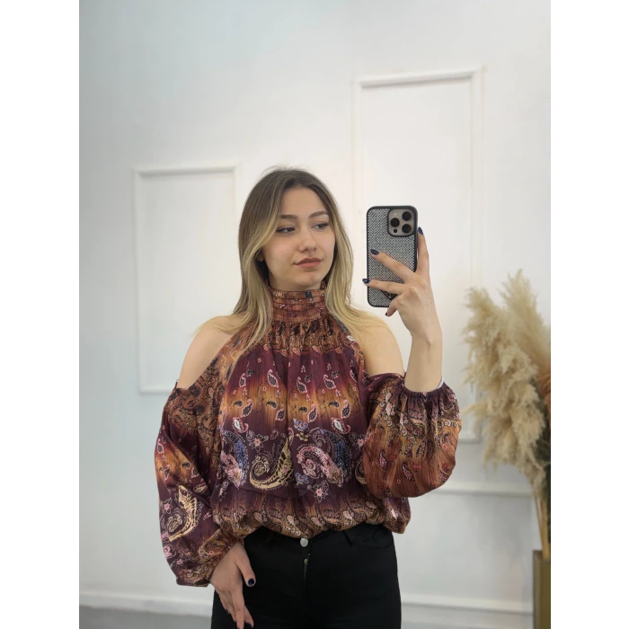 Lukp Etnik Desenli Şifon Bluz