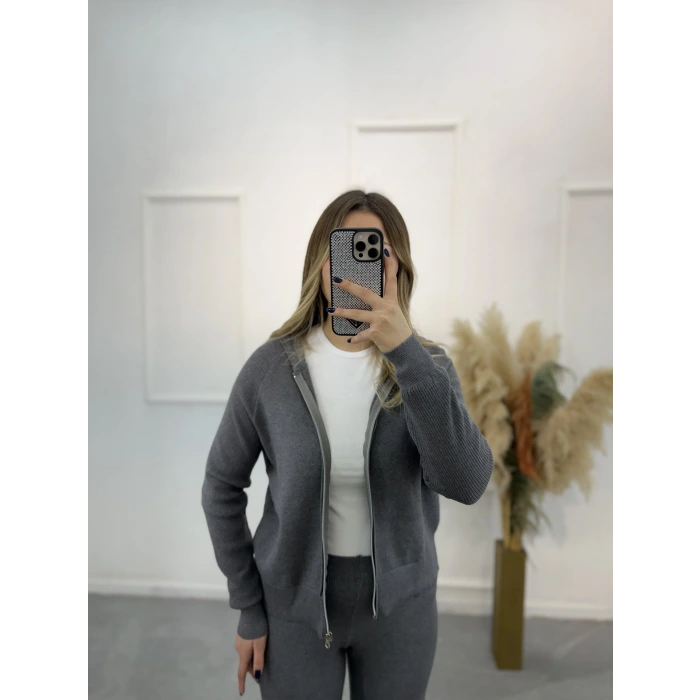 Oxter Fermuarl Kapişonlu Triko İkili Takım