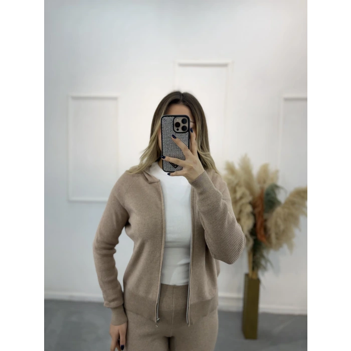 Oxter Fermuarl Kapişonlu Triko İkili Takım