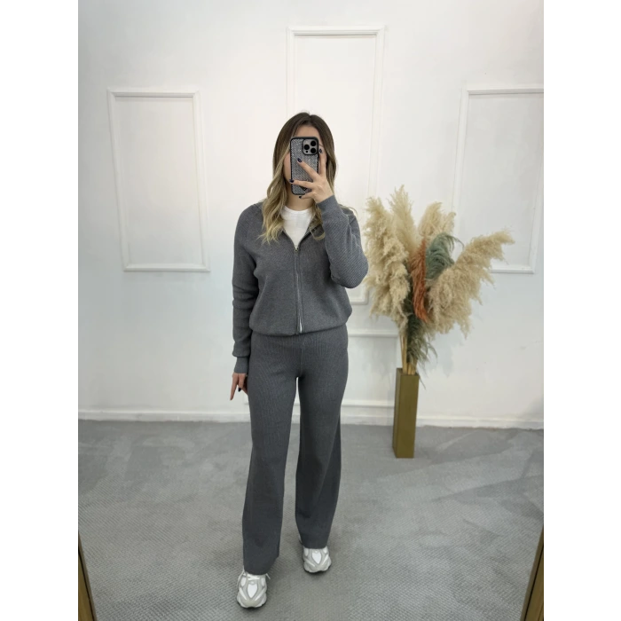 Oxter Fermuarl Kapişonlu Triko İkili Takım