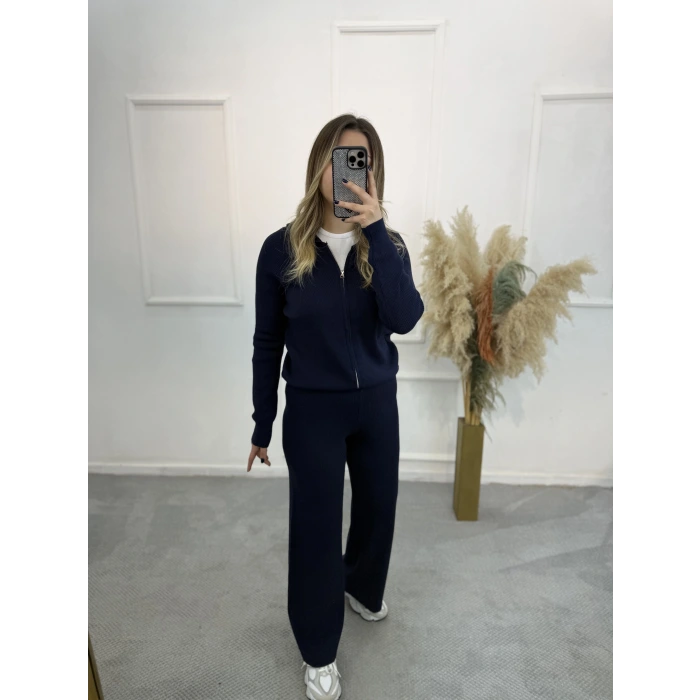 Oxter Fermuarl Kapişonlu Triko İkili Takım