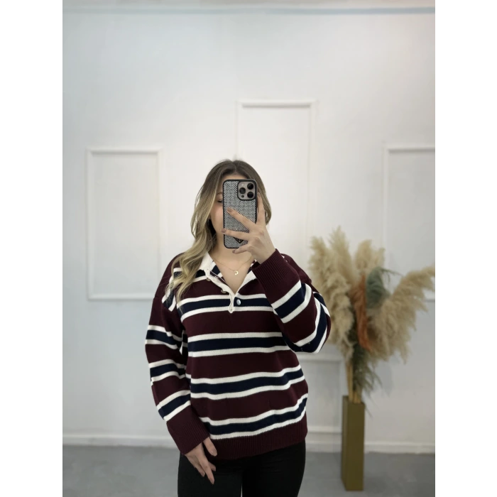 Polo Yaka Çizgili Triko Kazak