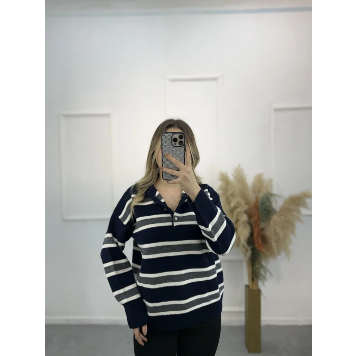 Polo Yaka Çizgili Triko Kazak