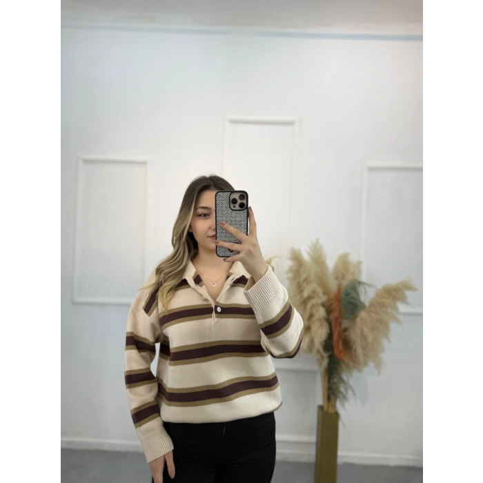 Polo Yaka Çizgili Triko Kazak