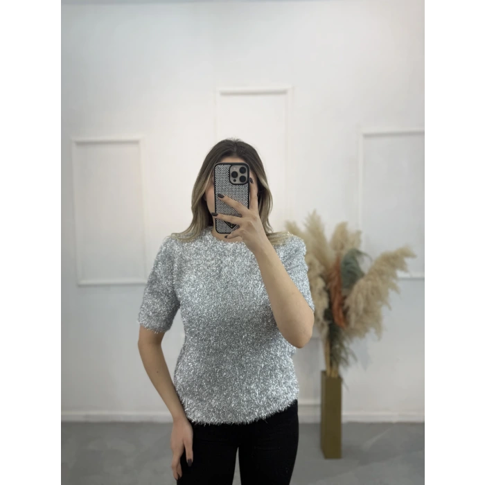 Simli Angora Kısa Kol Kazak