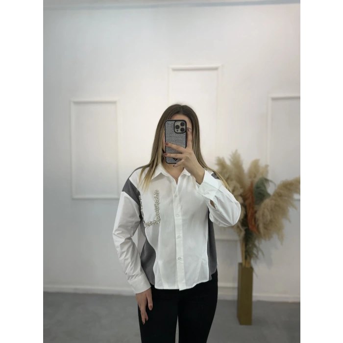 Triko Poplin Taş Detaylı Gömlek