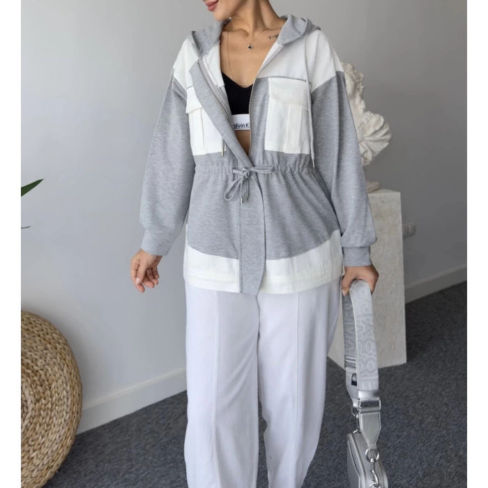 Twst Model Gri Beyaz Kapişonlu Ceket