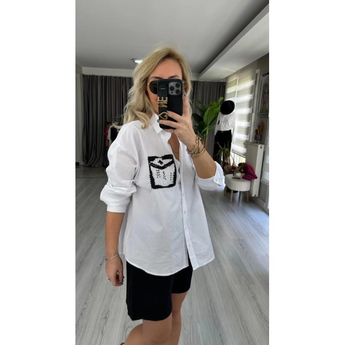 Viens Cep Taşlı Gömlek Beyaz
