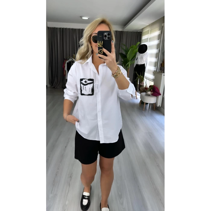 Viens Cep Taşlı Gömlek Beyaz