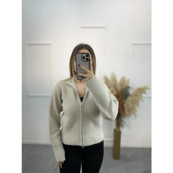 Vinta Çift Fermuarlı Tüylü Hırka