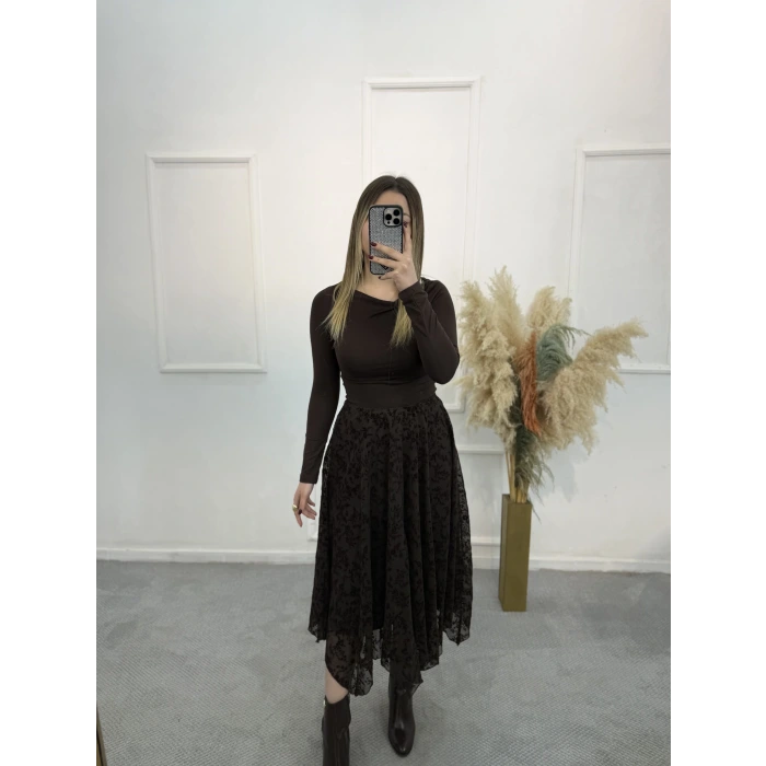 Zirov Dal Desenli Asimetrik Etek